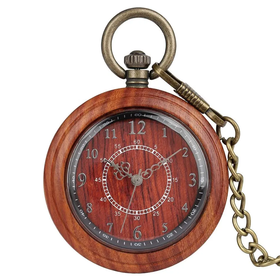 Commercio all'ingrosso creativo in legno doppio cerchio quadrante digitale catena spessa da uomo e da donna in legno di quarzo grande orologio da tasca