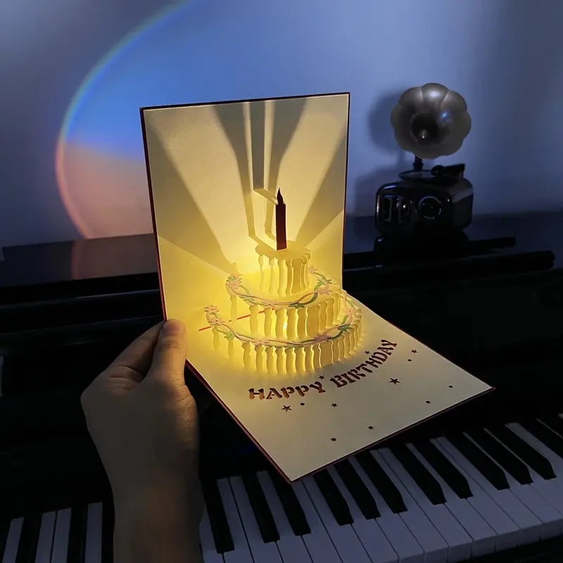 Customized 2 Fold 3d Pop Up Happy Birthday Led Light Voice Record Musical Greeting Cards with Envelope