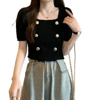 2025 Offre Spéciale dames à la mode pull à manches courtes coupe ajustée couleur unie haut col carré bouton simple boutonnage pour l'été