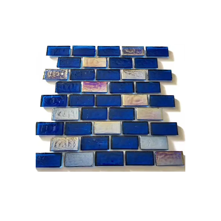 Decoratieve Blue Pebble Glasmozaïek Custom Cut Fusing Rechthoek Vormige Glazen Baksteen Mozaïek Tegel Voor Eetkamer Muur