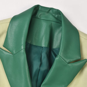 Chaqueta Casual Larga de Primavera para Mujer, Color Beige y Verde, con Parches de PU, Detalle de Cuero en Contraste y Corte en la Cintura - Product Image 3
