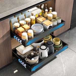 Negro expandible ancho y profundidad 3 rieles deslizantes cajón extraíble organizador de gabinete con almohadilla de elevación para gabinetes enmarcados - Product Image 1