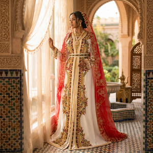 Elegant Embroidered Polyester Modest <b>Abaya</b> <b>Dress</b> Red Veil Floor Length Floral Pattern Wedding Women Middle East Long Flared - Product Image 2