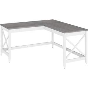 Escritorio en Forma de L Alera Estilo Farmhouse, 58.27" X 58.27" X 29.53", Gris/Blanco, Espacio de Trabajo, Mesa de Computadora de Madera Sólida, Plegable para Hoteles - Product Image 2