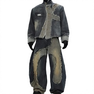 Custom Patchwork Washed Denim Jackets Streetwear Stonewashed Raw Edge Men Jeans Vintage Distressed Outwear Set - Product Image 1