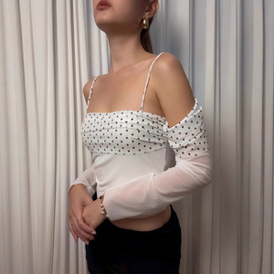 Women's Polka Dot Camisole Off Shoulder Mesh <b>Patchwork</b> <b>Top</b> Sheer Layer Party Wear - Product Image 4