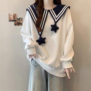 Sweat-shirt pour filles blanc avec col marin, tricoté, design irrégulier, collection Printemps-Automne 2026, haut mignon et tendance pour enfants - Product Image 3