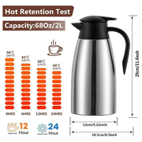 Carafe Isotherme à Café de 2 L, Distributeur de Boissons Chaudes Thermo Double Paroi en Acier Inoxydable
