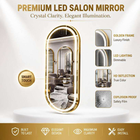 Miroir de salon ovale à cadre doré avec LED, miroir mural pleine longueur, miroir de coiffure avec éclairage tactile pour salon de beauté
