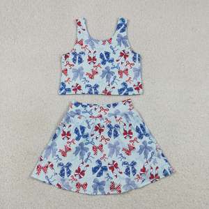 In Stock Casual Summer <b>Red</b> Blue <b>Bows</b> Tank Top Skort Baby Girls 4th of July Active Outfits Sisters Yoga Clothes Sports Clothing - Product Image 3