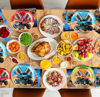 Ensemble de fournitures pour fête d'anniversaire Monster Truck : Assiettes, gobelets, serviettes, nappes, bannière, ballons, décorations de gâteau, fourchettes, vaisselle jetable