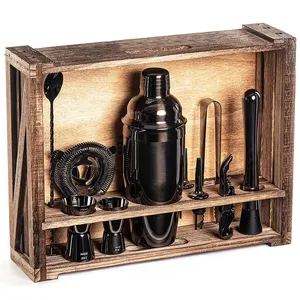 Kit de barman Mixology 11 pièces mélange de boissons cadeau de voyage kit d'outils de bar en métal noir mat kit de shaker à cocktail avec support en bois