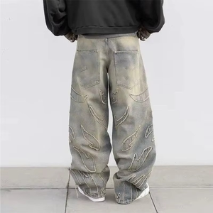 Jeans en coton de haute qualité avec logo personnalisé, design Y2K, broderie chenille, patch, pantalon en jean vintage délavé, jeans skinny déchirés pour hommes - Product Image 1
