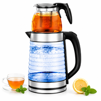 Bouilloire électrique 2,2 L, théière en verre 0,3 L, motif vague, théière turque avec infuseur, filtre en acier inoxydable, prise EU