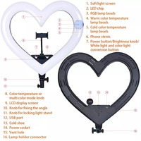 Anneau lumineux LED en forme de cœur de 19 pouces à intensité variable pour maquillage, avec support de téléphone portable, trépied et contrôle par fil, détection de visage
