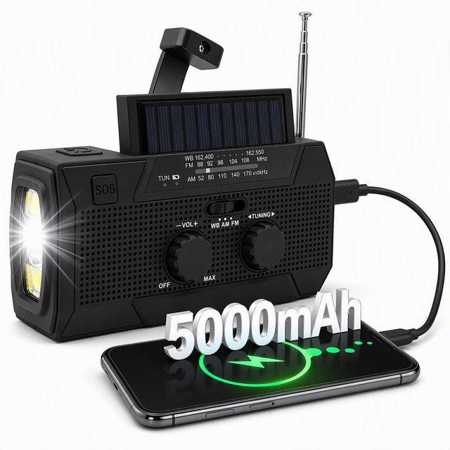 5000mAh Portable Weather Alert Radio with Rechargeable Power Bank for Family Go Bag Emergency Kits