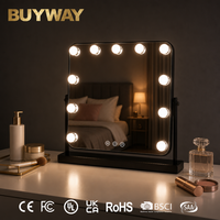 Cermin Rias Kayu Holly Persegi Panjang Hitam Dengan Lampu Musik Bluetooth 14 Bohlam LED Cermin Makeup 50cm Sensor Sentuh Dapat Diredupkan