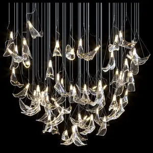 중산 조명 프로젝트 호텔 로비 빌라 홈을위한 수제 유리 투명 꽃 잎 샹들리에 교수형 램프