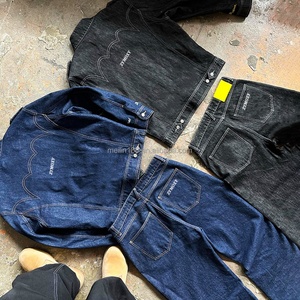 Denim Manufacturer Custom Embroidery Design Jeans Jacket Two Piece Set Heavyweight 14 Oz Wash Vintage Denim <b>Pants</b> Sets for Men - Product Image 2