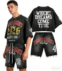 Ensemble décontracté d'été deux pièces : T-shirt personnalisé en denim et short respirant en maille à imprimé graphique, coupe ample, style streetwear - Product Image 1