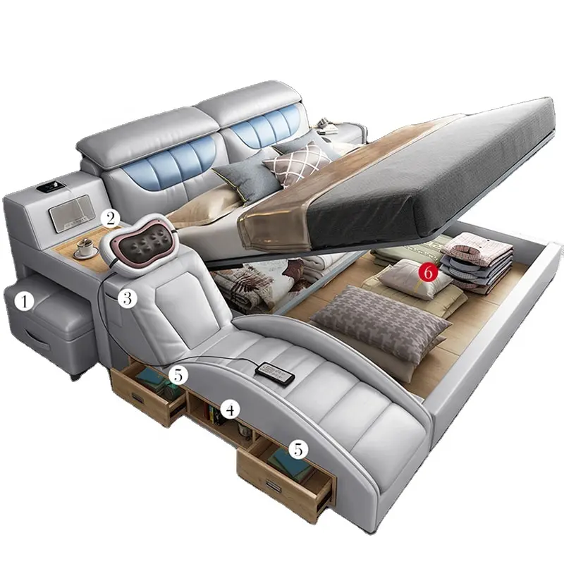 Smart massage double bed simple multifunctional leather bed storage soft beds bedroom furniture set
