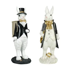 Özel avrupa reçine beyefendi tavşanlar ile sırt çantası amerikan polyresin siyah ve beyaz bunny paskalya ev dekorasyon
