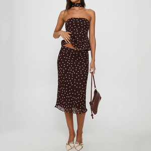 Completo due pezzi da <span class=keywords><strong>donna</strong></span> con top peplum senza spalline a pois bianchi e <span class=keywords><strong>marroni</strong></span> e gonna midi, elegante <span class=keywords><strong>outfit</strong></span> vintage Y2K per feste - Product Image 2