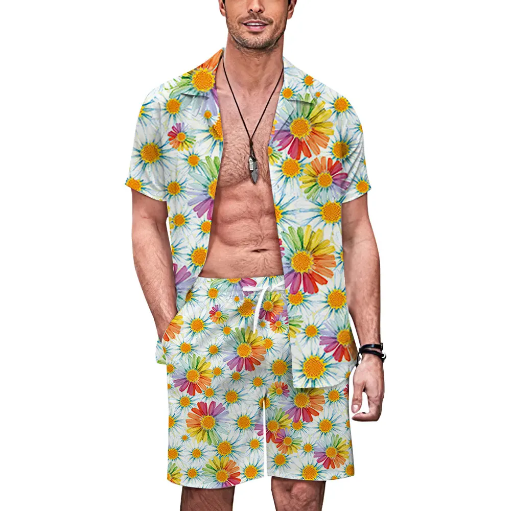 Men Clothing Color Painting Flower Hawaiian Tracksuit Beach 3d Printed Shirt And Short 2 Pieces Retro Vacation Casual Style