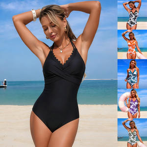Maillot de bain une pièce pour femmes, design croisé à la nuque, extensible, pour la plage, le fitness et les sports nautiques, en stock - Product Image 1