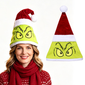 Wholesale <b>Grinch</b> Christmas <b>Hat</b> Soft Plush Santa <b>Hat</b> <b>Grinch</b> Face Print Christmas Cosplay Party Headwear - Product Image 1