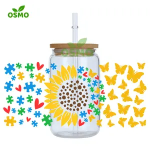 Osmo Wholesale 16oz autismo Puzzle Libbey Glass Can Wraps Teach Au-some Kids Hearts autismo consapevolezza girasole UV dtf Wraps