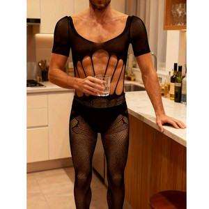 Collants résille noirs transparents pour hommes, body taille mi-haute en nylon et élasthanne, lingerie sexy - Product Image 3
