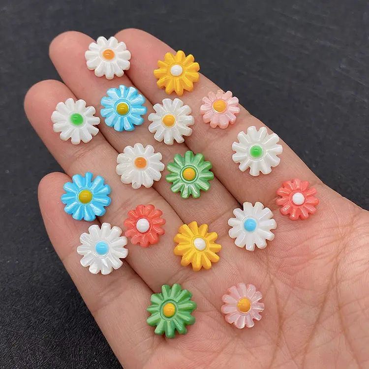 SP4231 Carved Rainbow Multi Colored Pink Yellow Green Blue White Freshwater shell Daisy Flower Sunflower Beads