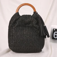 Sac seau en paille tressé avec anse supérieure en bois, décorations à pompons et cordon de serrage, sac à main pour femme, idéal pour l'été, la plage, les loisirs et le quotidien
