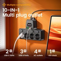 Multiprise 10 en 1, 4 prises AC, ports USB, protection contre les surcharges, prise EU 180 °   Support mural rotatif flexible pour cordon