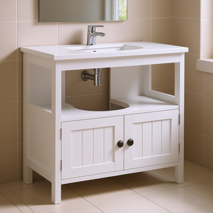 Mueble moderno para debajo del lavabo con almacenamiento de doble puerta, tocador blanco para baño, 38x46 pulgadas, de pie, con acabado pintado en MDF. - Product Image 2