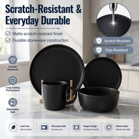Service de Table Noir de Luxe Contemporain en Grès Céramique et Porcelaine Premium, Assiettes, Bols, Tasses, pour Commande en Gros, Compatible Lave-Vaisselle