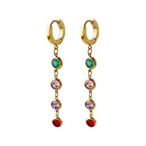 Long Design Non-tarnish Stainless Steel Women Earrings with Mixed Color CZ 14K Gold Plated Zircon Hoop Earrings