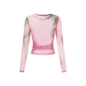 Haut court décontracté pour femme, style rétro vintage, coupe ajustée, printemps-été, à manches longues, en maille transparente, uni ou à imprimé floral tricoté - Product Image 2