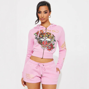 Ensemble deux pièces vintage Y2K 2026 pour femme : sweat à capuche court zippé imprimé tigre et short – Tenue Baddie pour femme - Product Image 2