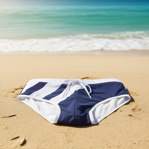 Costume da bagno da uomo Buonic, pantaloncini da surf con coulisse a righe bianche e blu navy, taglie M L XL XXL, per l'estate e la spiaggia - Product Image 3