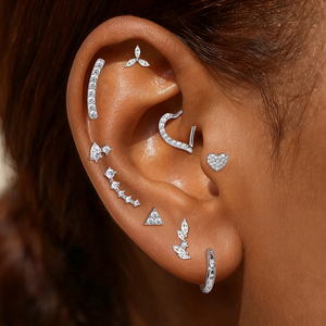 100% 925 Sterling <b>Silver</b> Moissanite Flat Back Piercing <b>Stud</b> Heart Marquise Geometric Triangle Single Row Cartilage Earring - Product Image 1