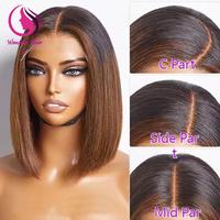 Pelucas de Cabello Humano Liso con Doble Trama sin Pegamento, Estilo Bob, con Frente de Encaje, Color Marrón Degradado, Cabello Virgen Vietnamita, Pelucas con Frente de Encaje Completo HD