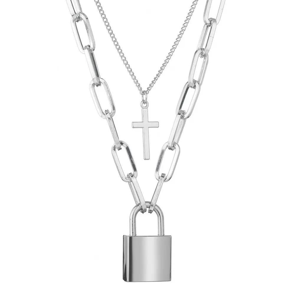 Stainless steel 2 layered Lock Cross Pendants Necklaces Set for Chains Necklace for Eboy Egirl Men Male Emo Goth Women Teen Girl