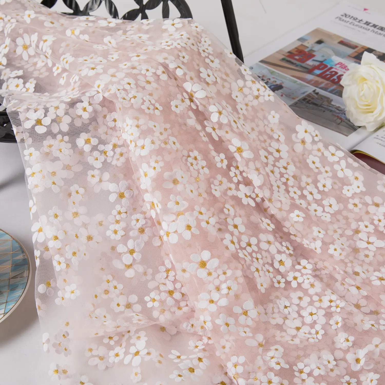 2023 baru indah bordir bunga nilon Mesh Glitter kain Tulle pernikahan untuk pakaian gaun