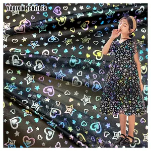 Fluorescent Hot Film 2024 New Arrival Pattern Heart Star Print Fabric Black Soft Polyester Tulle Fabric Roll 50 Yards Moq