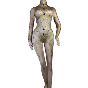 Sparkly Gold Crystal Nachtclub Party Bodycon Playsuit Vrouwen Sexy Stage Kostuum Naakt Pole Dance Body Steentjes Jumpsuit