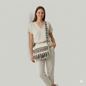 Bolso de mano tejido con patrón geométrico, ribete de flecos y diseño textil decorativo para mujeres, ideal para atuendos casuales y eventos especiales. - Product Image 2