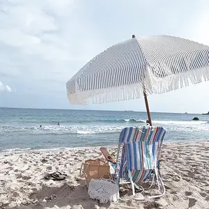 Conjunto de guarda-chuva, tamanho grande, 2.1 metro, 7 pés, para praia, lazer, sol, borlas, madeira, pátio, com franja para piquenique