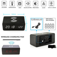 Réveil numérique LED en bois alimenté par USB avec station de charge sans fil, température, humidité, horloge de bureau électronique